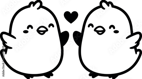Two happy cartoon birds with hearts