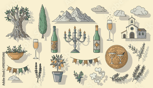 Italian and Mediterranean lifestyle elements with olive trees wine bottles church mountains and decorative festive ornaments hand drawn style vector illustration set