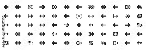 Variety of solid black arrow icons and symbols, including directional and abstract shapes, vector set.