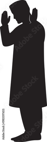 Silhouette of a muslim man standing with hands raised to ears starting prayer ritual islamic religious devotion gesture