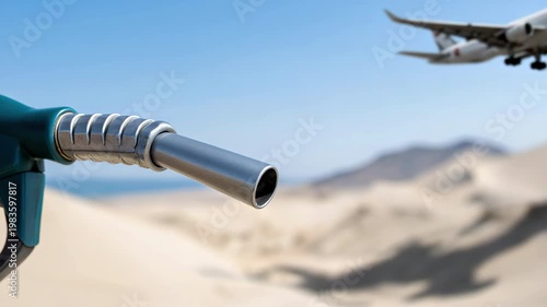 Slow motion tracking shot of fuel nozzle pointing as airplane descends and lands over sandy desert dunes near coastal shoreline