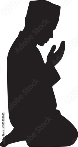 Silhouette of a muslim man kneeling in prayer, wearing a traditional kufi cap and robe, isolated on white background