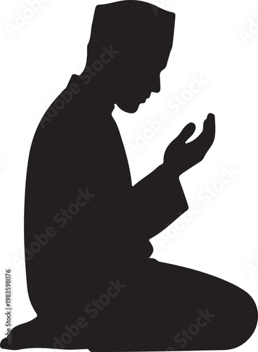 Silhouette of a muslim man kneeling in prayer, wearing a traditional kufi cap and robe, isolated on a white background