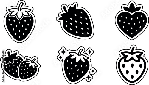 Black and white strawberry icons set with different shapes and shine effect