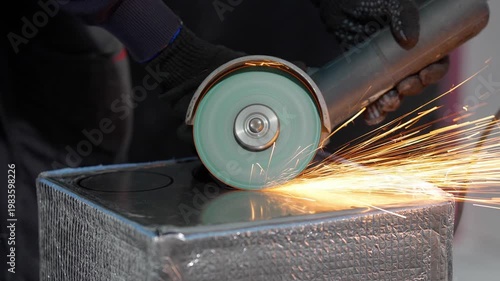 Close-up of a worker in gloves cutting metal with an angle grinder tool in a workshop. Bright sparks flying from the rotating abrasive disc, industrial manufacturing process.