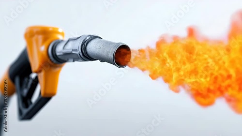 Slow motion close up of fuel pump nozzle spewing flames and spray across white studio background