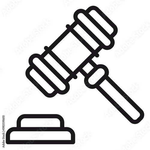 Black minimalist vector icon illustration of a judge's gavel and sound block, symbolizing law, justice, authority, and legal proceedings in a court of law or auction house setting.