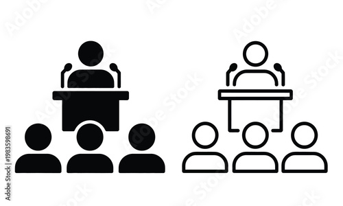 Conference icon, public speaking seminar symbol with presenter and audience concept for business meetings, training sessions, corporate events and educational workshops