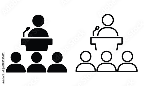 Public speaking seminar icon, conference presentation symbol with speaker and audience for business communication, leadership training