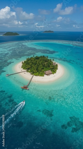 Aerial View of a Stunning Tropical Island Resort Surrounded by Vibrant Turquoise Water and Coral Reefs