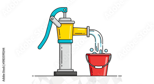 A hand pump filling a bucket with water.