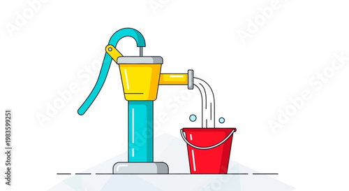 A cartoon hand pump filling a bucket.