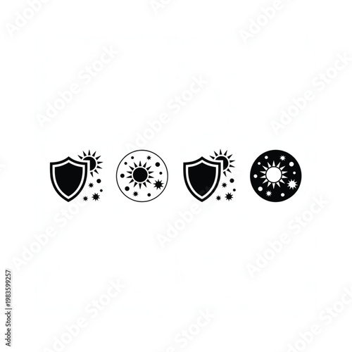 Black and white shield and sun icons in a linear arrangement