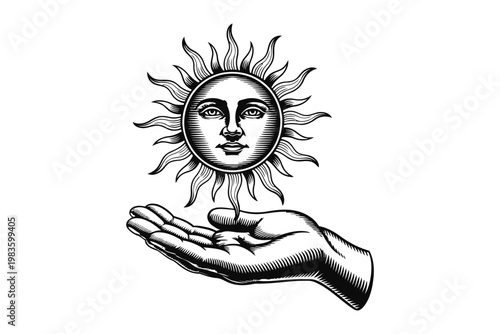 Hand holding a small plant with a sun face in the background