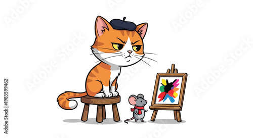 Whimsical cat painter with beret creating colorful artwork on easel while mouse observes in studio isolated on white background