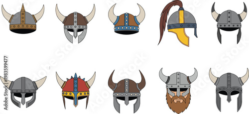 Set of Cartoon Viking Helmets in Various Designs with Horns and Plumes for Historical, Warrior, and Fantasy Designs
