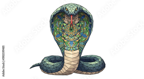 Vibrant stained glass cobra snake head illustration with colorful mosaic patterns isolated on white background