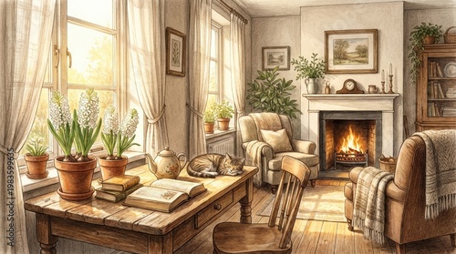 A cozy interior scene with white hyacinths on a wooden table near a window with light curtains and warm sunlight filling the room,