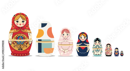 Colorful traditional Russian matryoshka dolls in various sizes on illustration isolated on white background