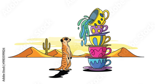 Meerkat watches colorful teacups falling desert landscape vector isolated on white background