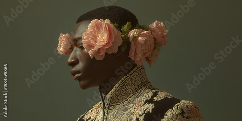 A portrait of a person adorned with floral and embroidered garments. The person's face is turned to the side, wearing a flower crown, creating a sense of natural beauty and elegance