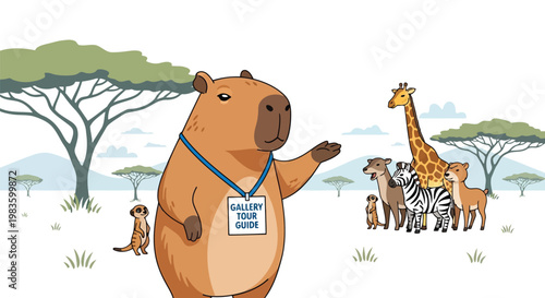 Capybara gallery guide leads safari animals on tour isolated on white background