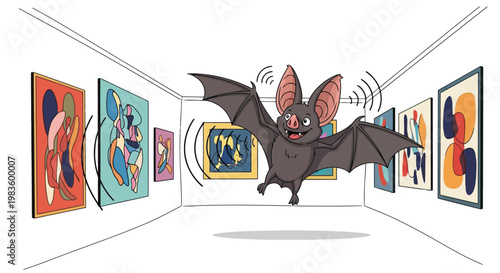 Cartoon bat flying through art gallery with colorful paintings on walls isolated on white background