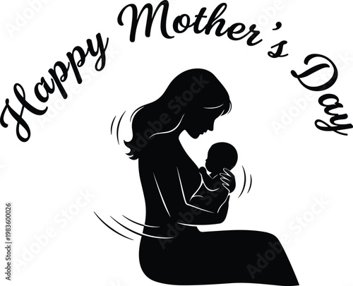 Happy Mother's Day silhouette, mother sitting and breastfeeding newborn baby, black vector illustration, family love concept, isolated on white background.