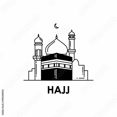 Hajj Pilgrimage Line Art Illustration of Kaaba and Mosque