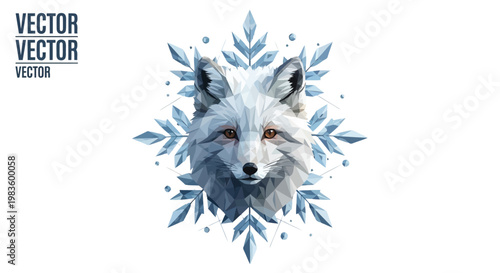 White arctic fox head surrounded by blue snowflakes and leaves vector graphics isolated on white background