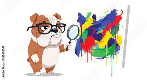 Brown and white bulldog wearing glasses examining colorful abstract art with magnifying glass isolated on white background
