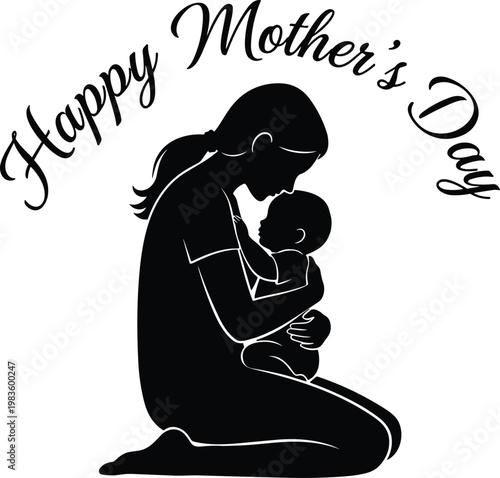 Happy Mother's Day silhouette, mother kneeling and hugging newborn baby, black vector illustration, family love concept, isolated on white background.