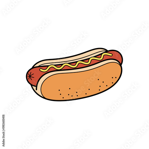 Classic Hot Dog Illustration with Mustard on White Background