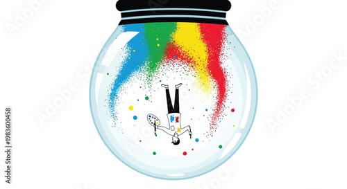 Man skateboarding in colorful snowglobe illustration isolated on white background