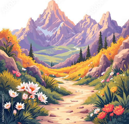 Mountain valley landscape with winding path and flowers, peaceful nature scenery with colorful hills and scenic view illustration