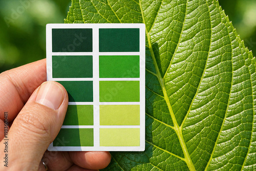 A high-definition macro photograph showing a hand holding a green color swatch card against a lush leaf to find a perfect color match in natural, bright daylight for professional design.