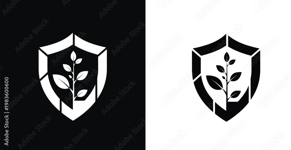 Obraz premium A black and white logo featuring a shield with a plant design on a contrasting background