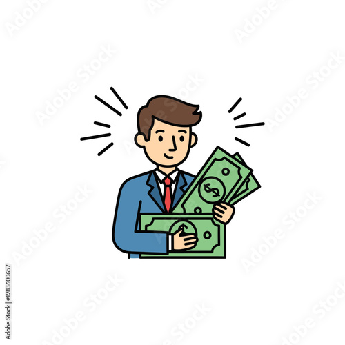 Successful businessman holding cash dollar bills illustration