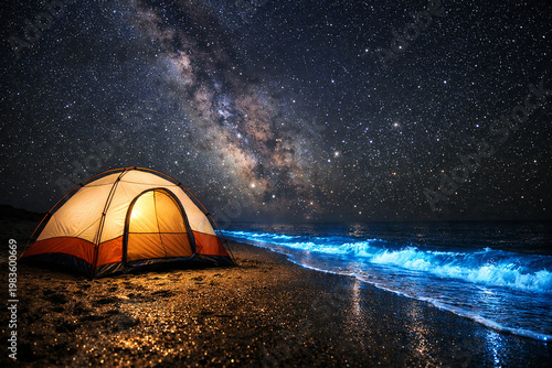 A breathtaking night scene on a secluded beach featuring an orange camping tent glowing warmly from within. In the background, vibrant blue bioluminescent waves gently lap against the dark sandy shore