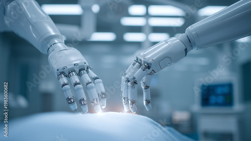 Robotic surgical arms hovering over a sterile operating table in a bright white clinical environment, titanium joints articulating with inhuman precision above a phantom torso, glowing interface pan