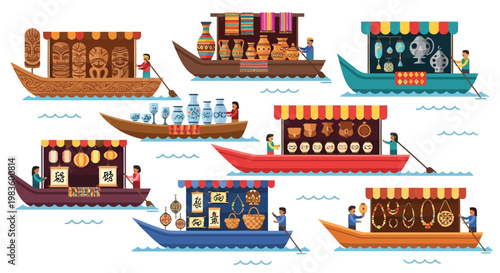 Colorful floating market boats with various goods and people on illustration isolated on white background