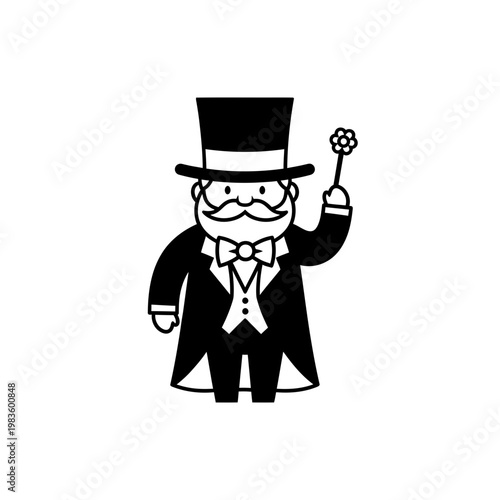 Cartoon Magician Icon with Top Hat and Magic Wand