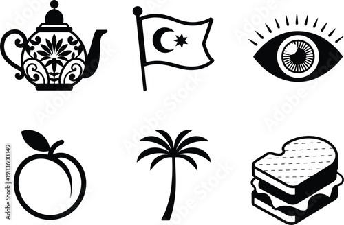 Turkish culture icons set, teapot flag eye palm food symbols, vector illustration collection design