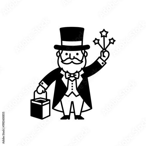 Magician in Top Hat with Magic Wand Line Art Illustration