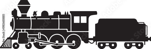 Black steam locomotive train, vintage railway engine, silhouette icon, transportation symbol