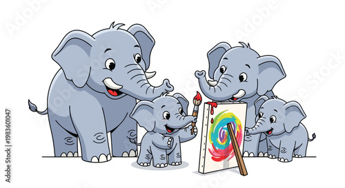Four elephants painting colorful artwork together isolated on white background