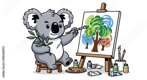 Koala painting colorful tree on canvas with brushes and paints isolated on white background