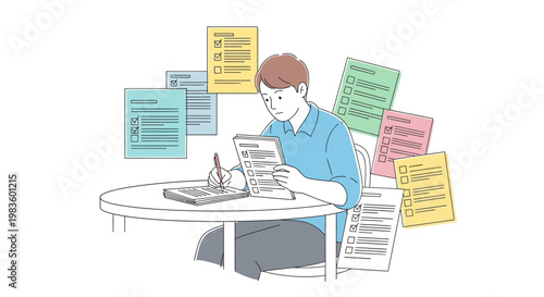 Businessman working on documents at desk.