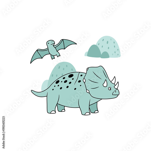 Cute Hand Drawn Blue Triceratops and Flying Pterodactyl Illustration