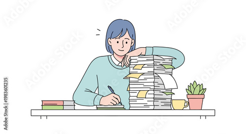 Woman sitting at desk with paperwork.